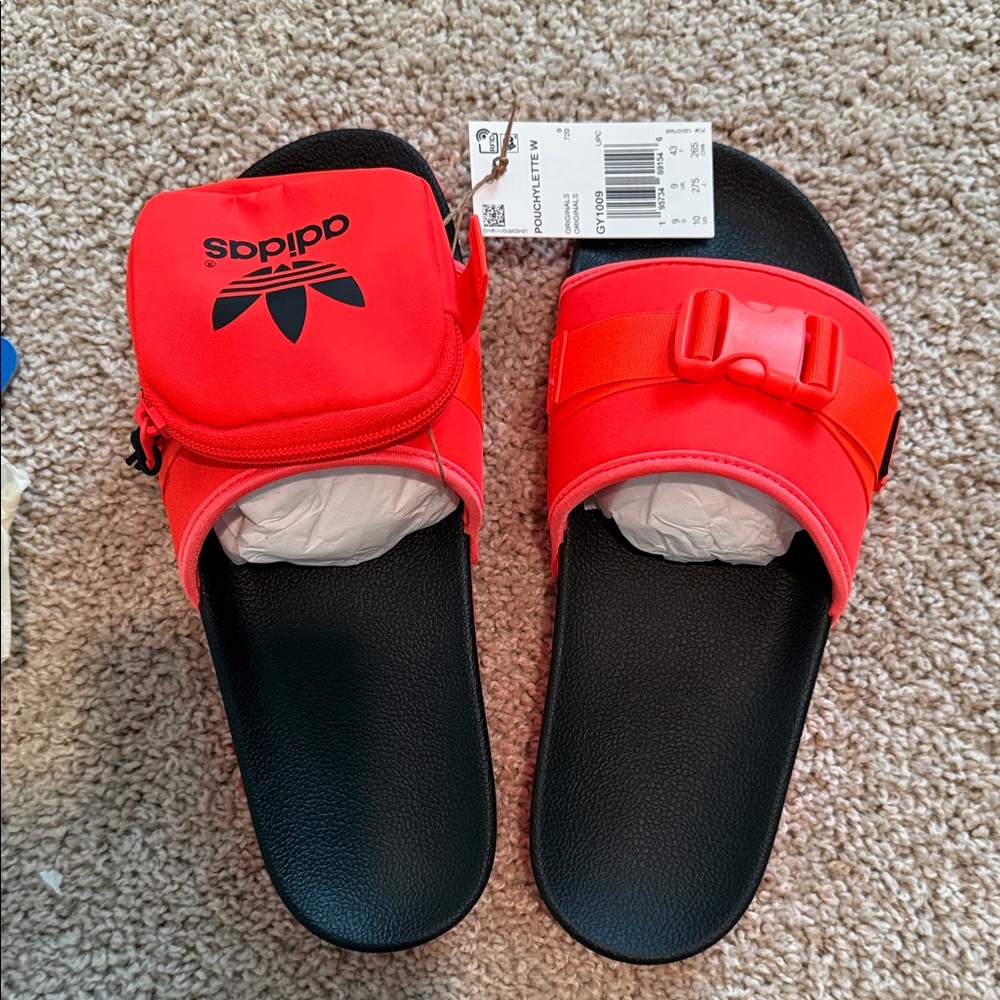 Adidas Black Slides with Red Pouch